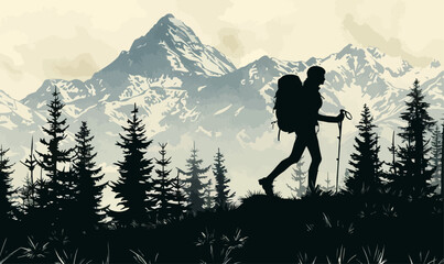 A silhouette vector of a person hiking.