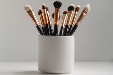 A white vase with a bunch of makeup brushes in it