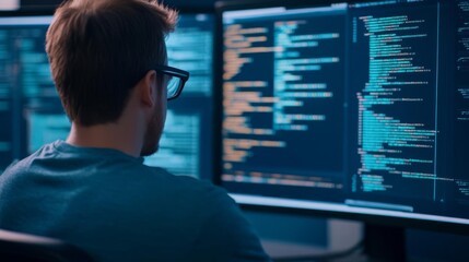 Developer with virtual code, floating holographic displays, high-tech workspace