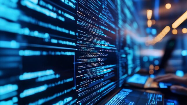 Developer coding, virtual screens with data, futuristic environment, blue highlights