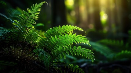Ferns in a shady forest, lush and green, Botanical, Soft greens, Photograph, Natural beauty