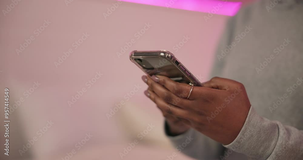Poster phone, hands of girl and typing at neon lights for contact, message and blog post at home. influence