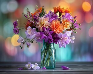 Fresh flowers in a vase, vibrant and inviting, Botanical, Bright hues, Photograph, Home decor
