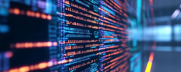 Fototapeta premium Virtual code blocks, futuristic developer, sleek tech lab, neon highlights