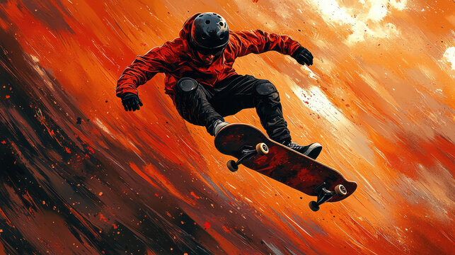 Vibrant artwork of skateboarder performing a high jump in an orange hoodie. Extreme sports, skateboarding tricks, urban lifestyle, youthful energy, dynamic street art