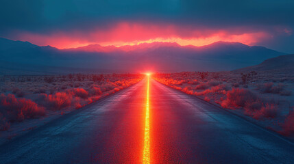 Neon-lit road through desert at sunset with glowing vibrant sky, surreal futuristic landscape, long straight highway disappearing into mountains, red and orange tones