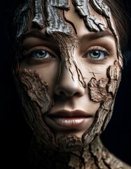 portrait of a woman's face with a mask of tree bark