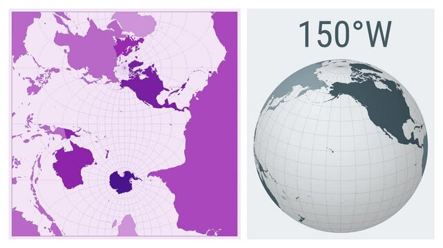 World Map Animation. Transverse spherical Mercator projection. Colored continents style. Animated world map in Transverse Mercator projection.
