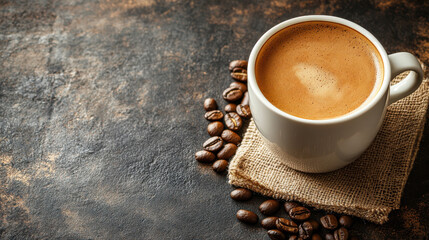 Aerial view of steaming hot coffee in a white ceramic cup placed on a rustic burlap coaster, with scattered coffee beans on a textured brown background.