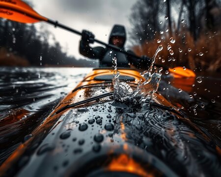 Kayaking on a river, dynamic and adventurous, Nature, Cool tones, Photograph, Water sport