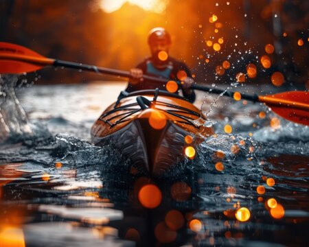 Kayaking on a river, dynamic and adventurous, Nature, Cool tones, Photograph, Water sport