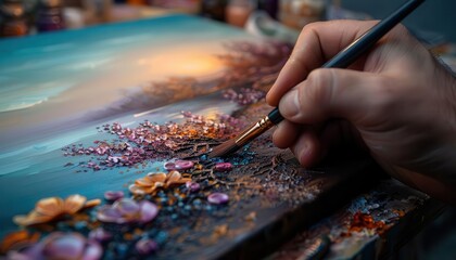 Obraz premium Landscape painting in progress, artistic and detailed, Artisan, Soft hues, Photograph, Creative process