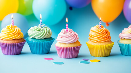 Vibrant cupcakes with colorful frosting and lit candles, surrounded by balloons and confetti, capturing a festive birthday celebration.
