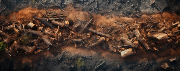 Fototapeta premium Deforestation or forest cutting top view. Aerial view of cut forest.copy space for text.