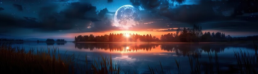 Obraz premium Moonlit night over a quiet landscape, serene and expansive, Nature, Cool tones, Photograph, Celestial beauty