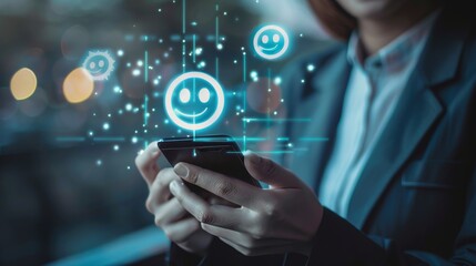 Businessman using smartphone for select smiley face icon for client evaluation and customer satisfaction after use product and service concept. 