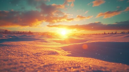   The sun sets on a snowy landscape featuring trees in the foreground and a blue sky with clouds behind