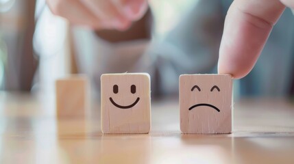 Close up customer hand choose smiley face and blurred sad face icon on wood cube, Service rating, satisfaction concept. 