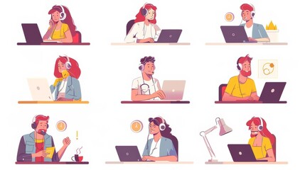 Customer service concept illustrations. Collection of individual scenes for technical support assistant, customer and operator vector. Customer service, hotline operator advises customer, online 