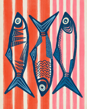 Drawing Of Three Fish In Blue