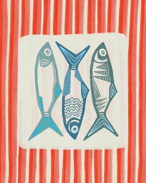 Cheerful Illustration Of Three Fish In Blue