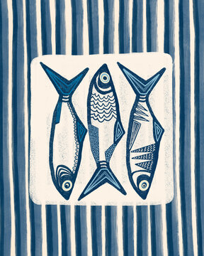 Illustration Of Three Fish In Blue