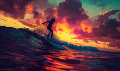 Silhouette of a person surfing.