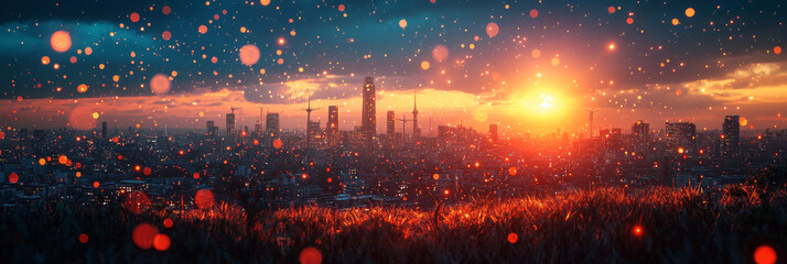 A city skyline at sunset with a beautiful glow from the setting sun.