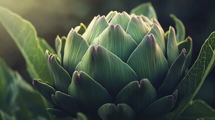 Fototapeta premium A close-up photo of a massive green plant with numerous leaves on its stem, featuring a blurred background