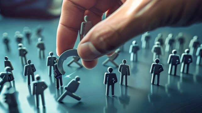 Hand holding a magnet attracting new customers or recruiting new staff members. 