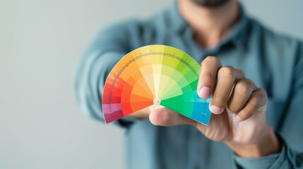 Male hand holding customer emotions satisfaction meter. 