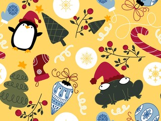 Cartoon Christmas animals seamless penguin and frogs and candy pattern