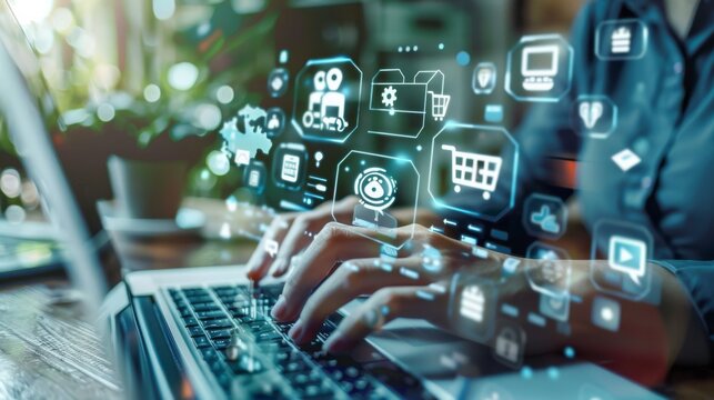 Omnichannel marketing concept. Digital online marketing commerce sale. For customer engagement by integrated online and offline channels. Person working on computer with the icons of omni channel. 