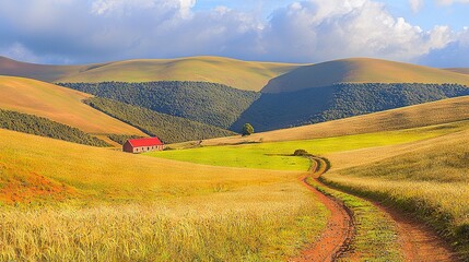 Fototapeta premium A red house stands amidst a grassy field, surrounded by a dirt road and towering mountains in the background