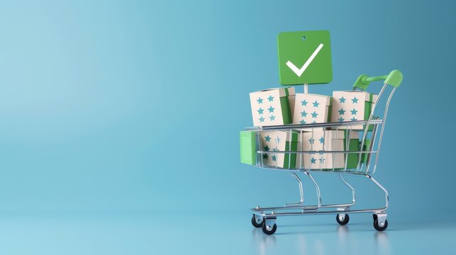 Shopping online business, e-commerce, delivery and customer review concepts. Green checkmark icon on white parcel boxes in shopping trolley cart with five stars rating on blue background, vertical.