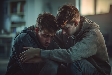 Fototapeta premium A teacher comforting a student who is struggling, providing the support needed to overcome challenges. Concept of compassion. Generative Ai.