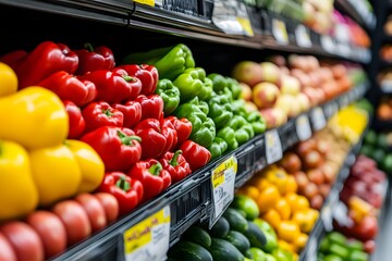 Fresh colorful peppers and vegetables lined up in a grocery store aisle during daylight