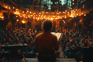 Fototapeta premium A poet reciting their work to an enraptured audience, feeling the power of words. Concept of literary passion and emotional resonance. Generative Ai.