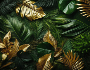 Fototapeta premium Golden and Green Tropical Palm Leaves: Minimal Summer Abstract Nature Background