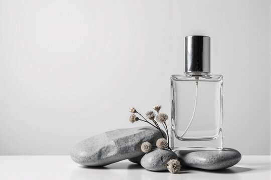 Presentation of a perfume with floral woody notes.  A bottle and a dried flower branch on a gray stone.  Copy space. AI generative.