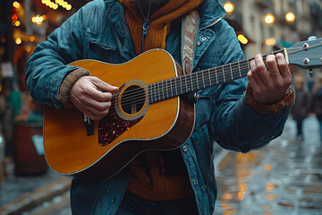 Fototapeta premium A musician playing guitar on a busy street, finding joy in sharing music with others. Concept of passion. Generative Ai.