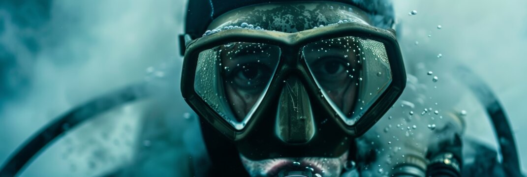 A man in a scuba suit is underwater with his face covered by a mask