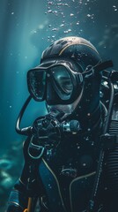 A man in a black wet suit is underwater with his mouth open