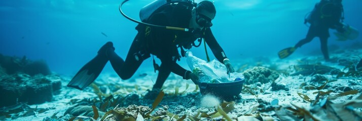 A man is diving into the ocean to pick up trash