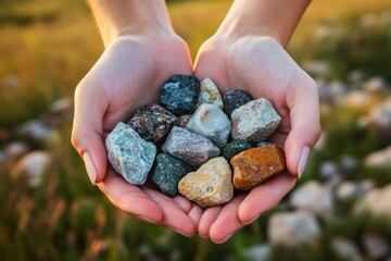 hands holding a small collection of colorful and unique rocks, with an open field or natural landscape in the background, capturing the texture and details of the rocks with soft, diffused lighting