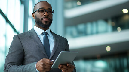 Business man with glasses wearing a suit, confidently looking at camera holding a tablet