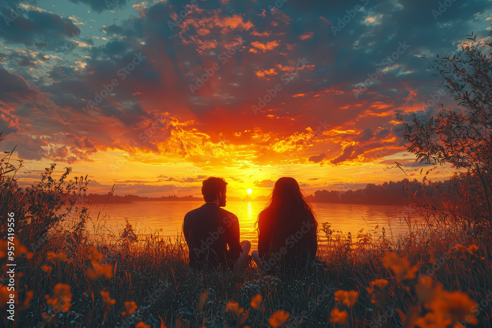 Canvas Prints a couple enjoying a sunset together, lost in the beauty of the moment. concept of peace and tranquil