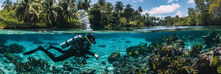 Obraz premium A man is scuba diving in the ocean