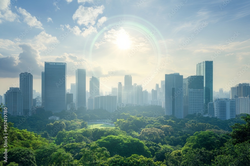 Wall mural modern cityscape with buildings and green spaces, an overlay of protective ozone layer graphic on sky, the balance between urban development and environmental protection, clear and bright atmosphere