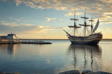 Fototapeta premium historical replica of the Mayflower ship docked at picturesque harbor, with clear sky and calm waters